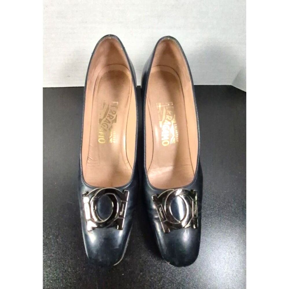 Vintage Salvatore Ferragamo Navy Blue Patent Leather Dress Pump Heels Size 7.5AA